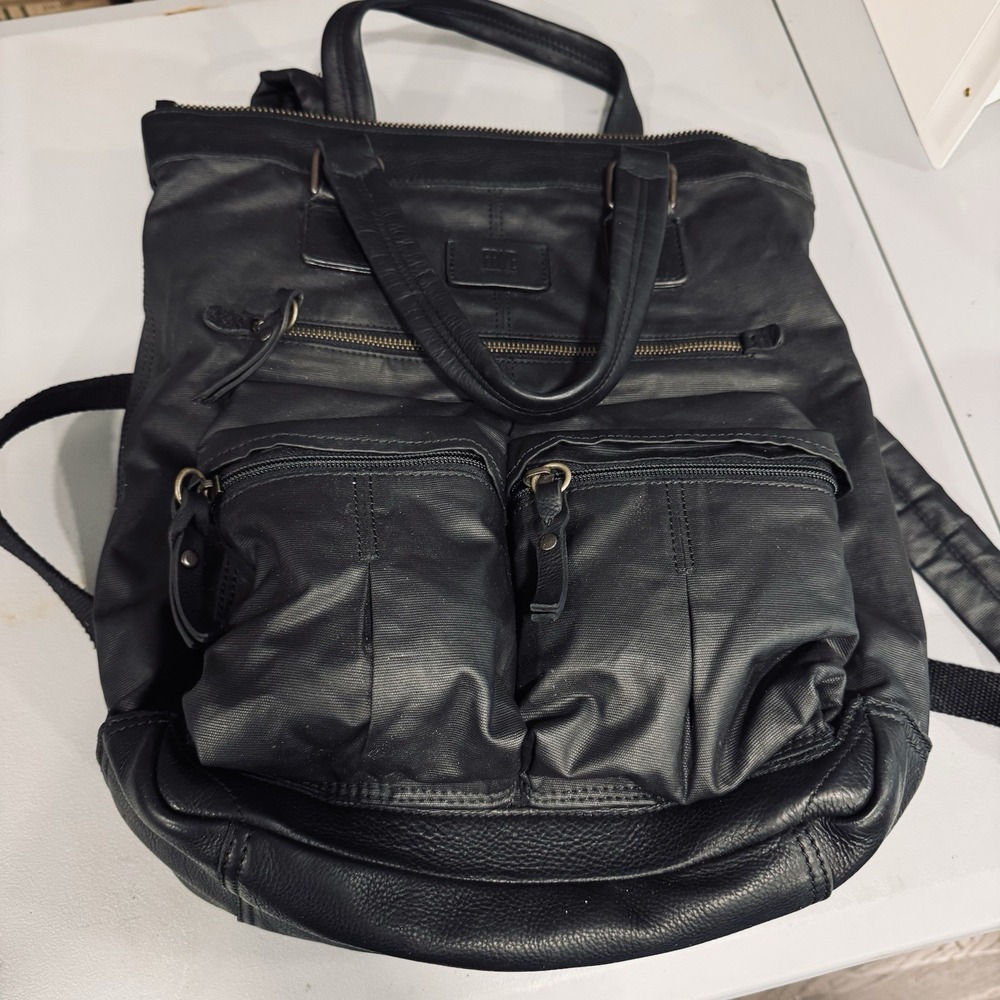 Frye Black Convertible Backpack Tote Laptop Bag Leather Trim Travel Work